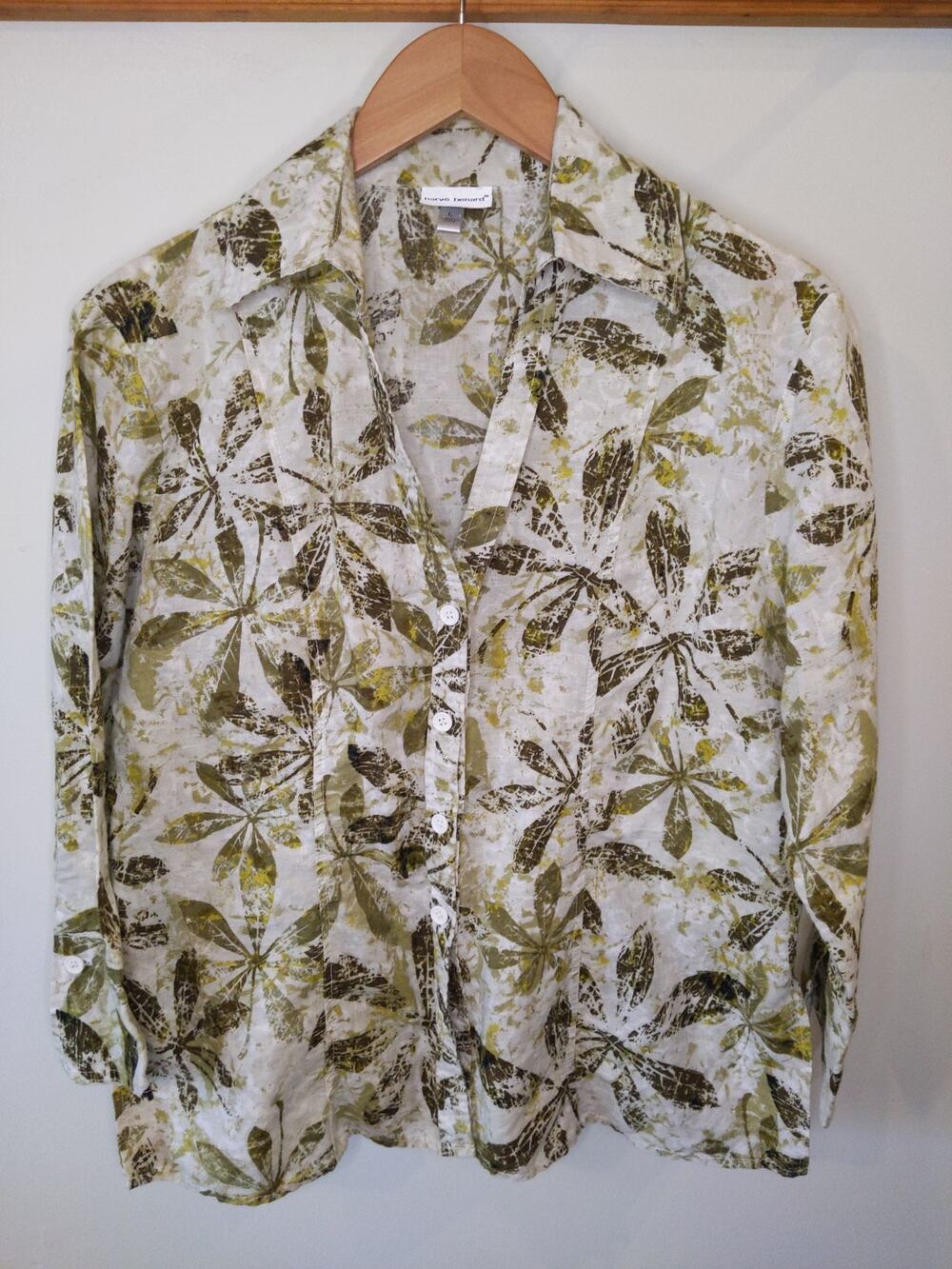 Harvé Benard Linen Cotton Botanical Print Shirt Womens L Green White Button Down